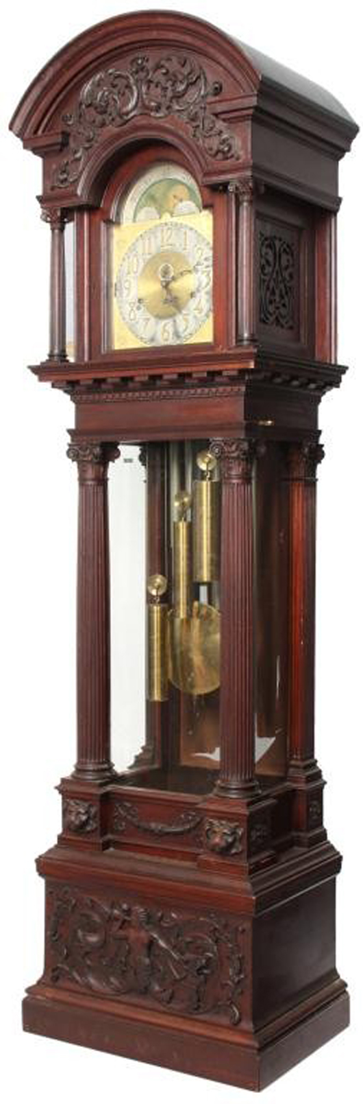 Impressive mahogany figural carved grandfather clock, 103 inches tall (est. $8,000-$12,000). Image courtesy of Fontaine's Auction Gallery.